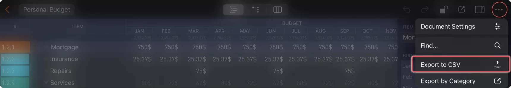 Export nach CSV Menü 2