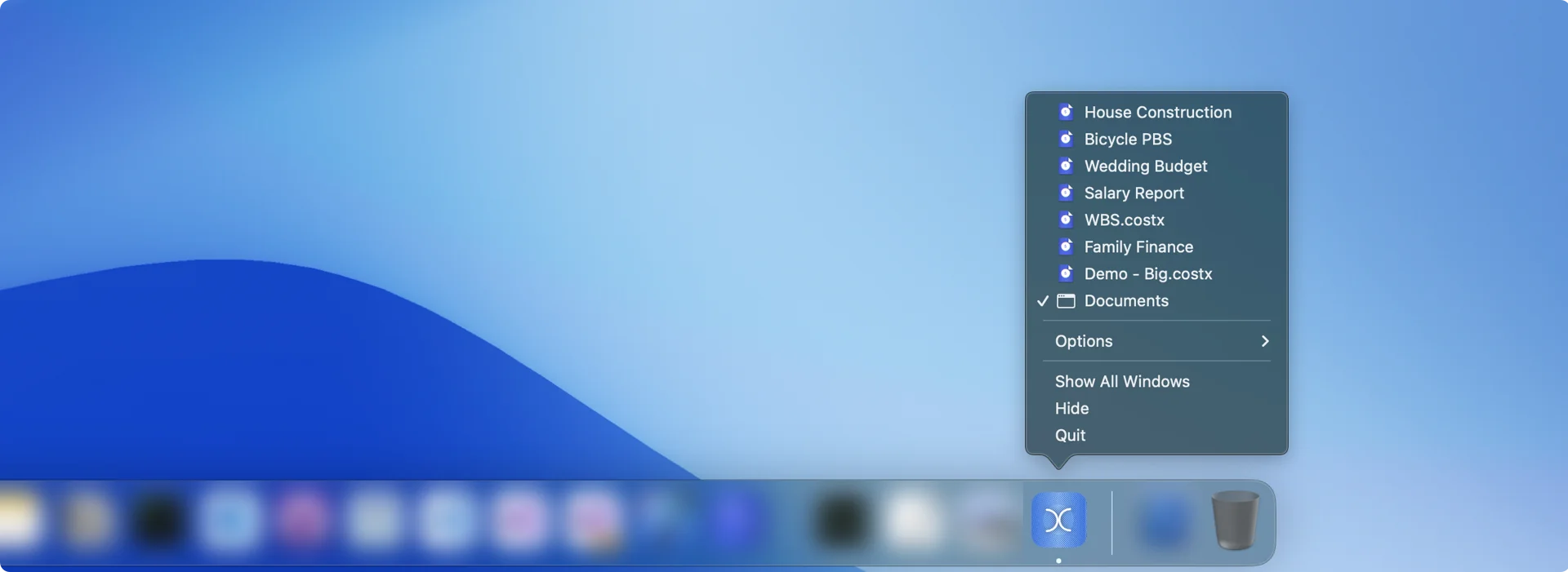 CostX recents on dock