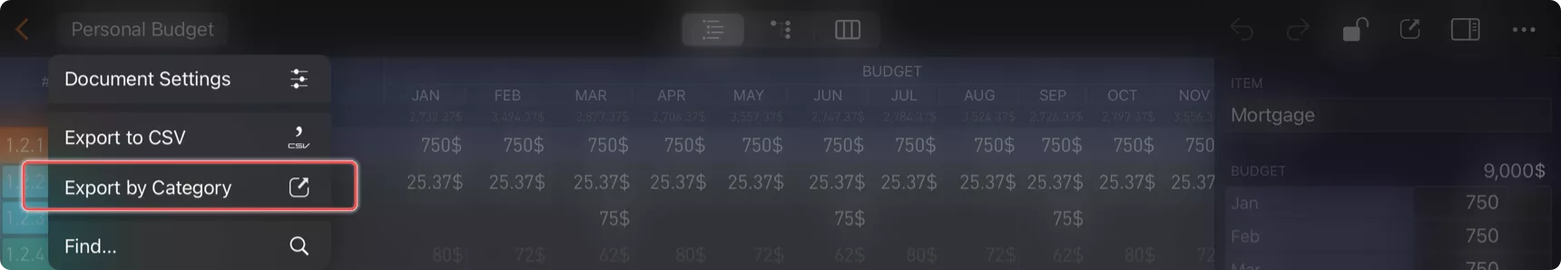 Exporter par catégorie Menu 1