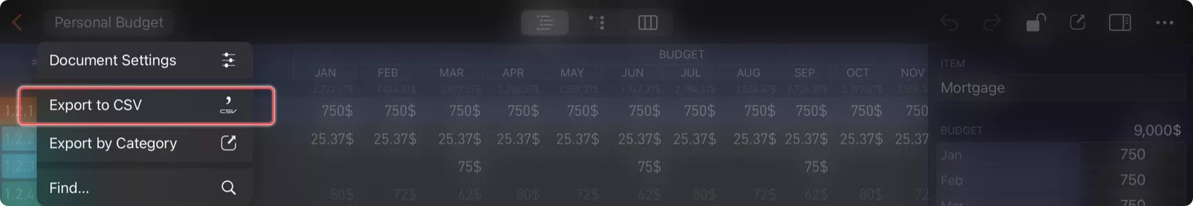 Exporter vers CSV Menu 1